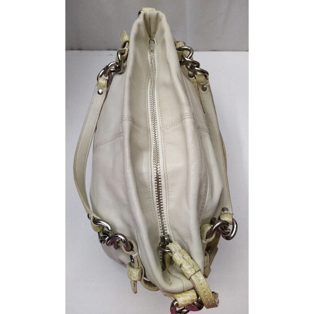 Coach Ivory Soft Leather Snakeskin Detail Zipper Hobo Shoulder Bag